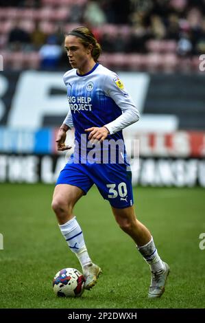 4th March 2023: DW Stadium, Wigan, Greater Manchester, England; EFL Championship Football, Wigan Athletic versus Birmingham City; Thelo Aasgaard of Wigan Athletic runs with the ball Stock Photo