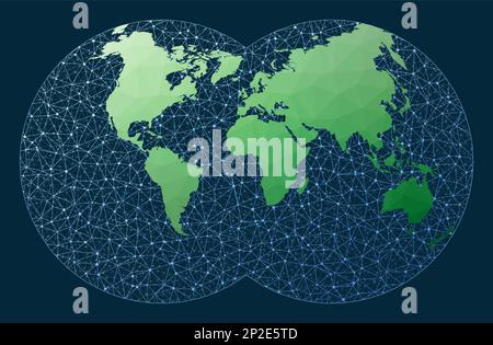 World map connection. Van Der Grinten 4 projection. Green low poly world map with network background. Superb connected globe for infographics or prese Stock Vector