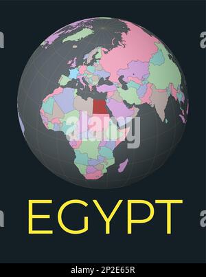 World map centered on Egypt. Red country highlighted. Satellite world view centered on the country with name. Vector Illustration. Stock Vector