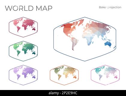 Low Poly World Map Set. Baker Dynamic projection. Collection of the world maps in geometric style. Vector illustration. Stock Vector