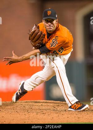 July 29, 2015: San Francisco Giants relief pitcher Javier Lopez (49)  pitching in the 9th inning, during the MLB baseball game between the San  Francisco Giants and the Milwaukee Brewers at AT&T