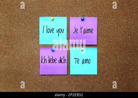 Multicolor notes with important message, motivation and reminders on cork board 'I love you' in different languages: English, French, Spanish, German Stock Photo