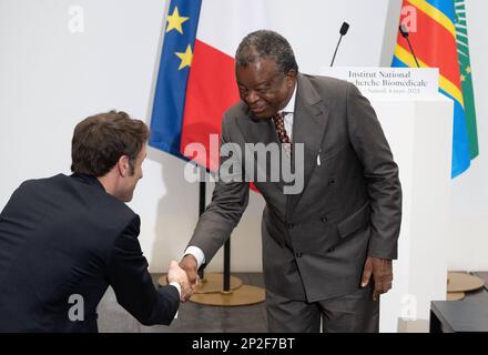 Emmanuel Macron and Jean Jacques Muyembe during the French President Emmanuel Macron visiting the national biomedical research institute (NBRI), in Kinshasa, Republic of Congo, on March 04, 2023. The French president is in Kinshasa on the fourth and last leg of an African tour. Photo by Jacques Witt/Pool/ABACAPRESS.COM Stock Photo