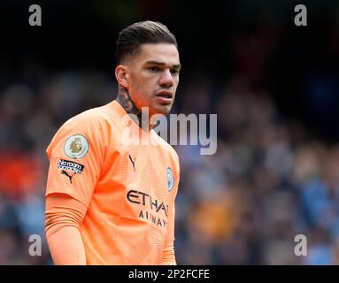 Manchester, England, 4th March 2023.   Ederson of Manchester City during the Premier League match at the Etihad Stadium, Manchester. Picture credit should read: Andrew Yates / Sportimage Stock Photo