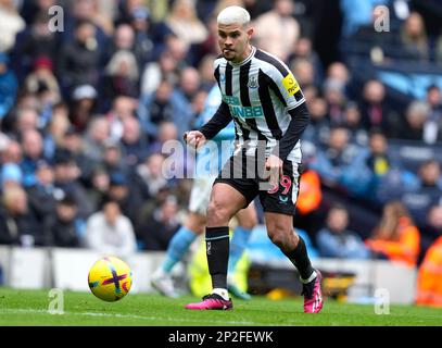 Manchester, England, 4th March 2023.   Bruno Guimaraes of Newcastle United during the Premier League match at the Etihad Stadium, Manchester. Picture credit should read: Andrew Yates / Sportimage Stock Photo