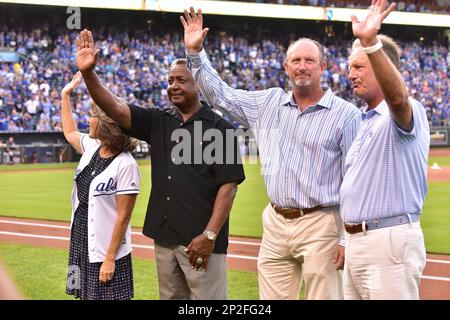 The Kansas City Royals' Franchise Four celebration including a ceremonial  first pitch by, from left, Janie Quisenberry Stone the widow of Dan  Quisenberry, Frank White, Bret Saberhagen and George Brett, before action  against against the Detroit Tigers a