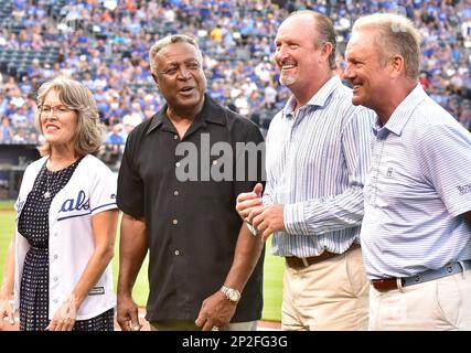 The Kansas City Royals' Franchise Four celebration including a ceremonial  first pitch by, from left, Janie Quisenberry Stone the widow of Dan  Quisenberry, Frank White, Bret Saberhagen and George Brett, before action  against against the Detroit Tigers a