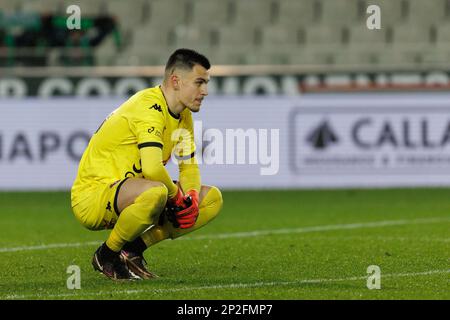 Seraing's goalkeeper Guillaume Dietsch looks dejected after losing a soccer match between Cercle Brugge and RFC Seraing, Saturday 04 March 2023 in Brugge, on day 28 of the 2022-2023 'Jupiler Pro League' first division of the Belgian championship. BELGA PHOTO KURT DESPLENTER Stock Photo