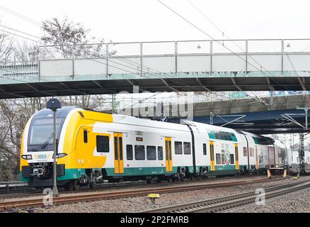 Potsdam, Germany. 20th Dec, 2022. A train of the Ostdeutsche Eisenbahn GmbH (ODEG) passes under two bridges in the direction of Potsdam main station. ODEG has taken over the RE1 line from Deutsche Bahn and runs three times a day between Brandenburg (Havel) via Berlin to Frankfurt/Oder. Credit: Soeren Stache/dpa/Alamy Live News Stock Photo