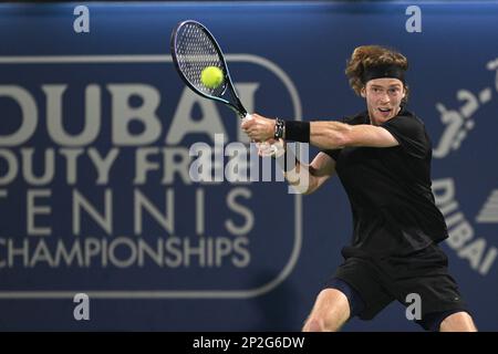 DUBAI, UAE, 4th March 2023. 2022 champion Andrey Rublev in action