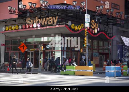 Entrance to the large Times Square Subway Train Station at the corner of  42nd Street and 7th Avenue in Manhattan. Stock Photo