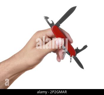 Man holding multitool on white background, closeup Stock Photo