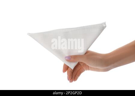 Woman holding handkerchief isolated on white, closeup Stock Photo