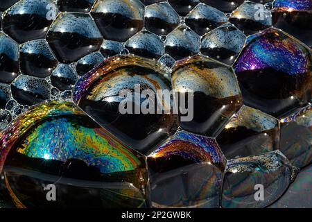 Close up, macro shot of a soap bubble, multicolored rainbow with yellow, purple, pink, blue and green colors on black background. Stock Photo