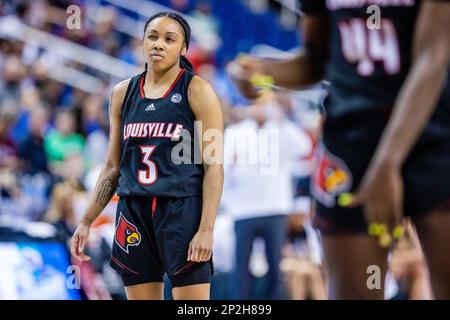 Greensboro, NC, USA. 4th Mar, 2023. Louisville Cardinals guard Chrislyn Carr (3) during the semifinals of the Women's ACC Tournament against the Notre Dame Fighting Irish at Greensboro Coliseum in Greensboro, NC. (Scott Kinser/Cal Sport Media). Credit: csm/Alamy Live News Stock Photo