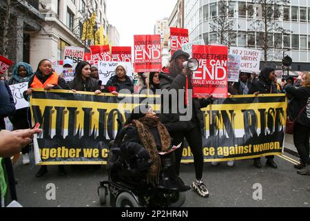 London, UK. 04th Mar, 2023. An activist speaks during the ‘Million Women Rise' protest in central London ahead of International Women's Day on March 8, 2023, to end male violence against women and girls. Credit: SOPA Images Limited/Alamy Live News Stock Photo