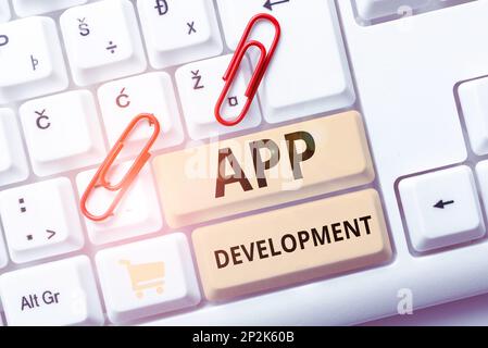 Hand writing sign App Development. Internet Concept Development services for awesome mobile and web experiences Stock Photo