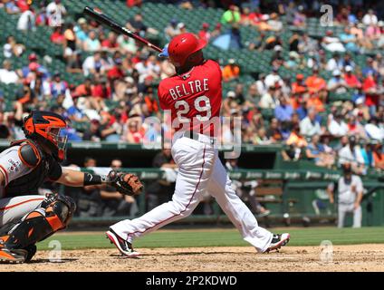 ARLINGTON, TX - MARCH 31: Texas Rangers Third base Adrian Beltre (29)  fields a ball during the baseball game between the Houston Astros and Texas  Rangers on March 31, 2018 at Globe