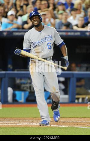 Former Kansas City Royals center fielder Lorenzo Cain reacts