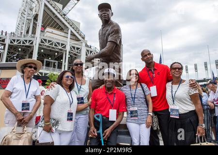 25 July 2015: The family of Larry Doby pose next to his statue as