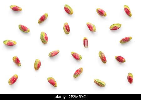Top View of High-Quality Peeled Pistachios Isolated on White Background Stock Photo