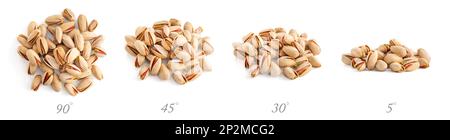 A Pile of High-Quality Pistachios From Four Different Angles on an Isolated White Background Stock Photo