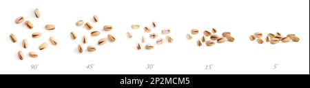 A Handful of High-Quality Pistachios From Five Different Angles on an Isolated White Background Stock Photo