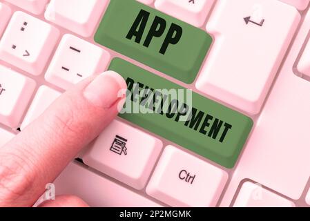 Text showing inspiration App Development. Internet Concept Development services for awesome mobile and web experiences Stock Photo