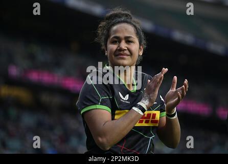 Twickenham, United Kingdom. 04th Mar, 2023. Allianz Premier 15s Rugby. Big Game 14. Harlequins V Exeter Chiefs. Twickenham Stadium. Twickenham . Lagi Tuima (Harlequins) applauds the crowd at the end of the game during the Harlequins V Exeter Chiefs Allianz Premier 15s rugby match. Credit: Sport In Pictures/Alamy Live News Stock Photo