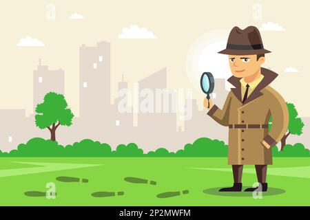 a detective with a magnifying glass follows the trail. shoe prints at the crime scene. flat vector illustration. Stock Vector