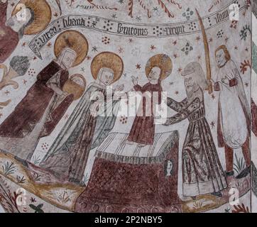 the presentation at the temple is an ancient wall-painting in the vault of Keldby church, Denmark, October 10, 2022 Stock Photo