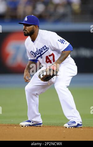 19 June 2015: Los Angeles Dodgers Right field Yasiel Puig (66) [9924]  reacts after narrowly missing a catch in shallow right field during a Major  League Baseball game between the San Francisco