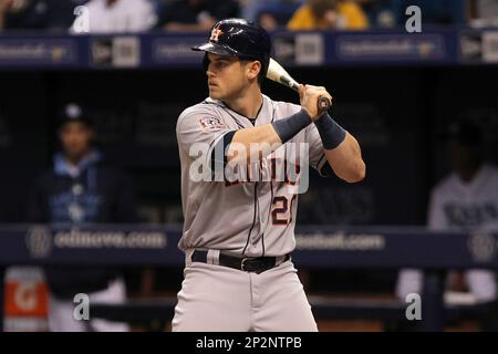 Houston Astros left fielder Preston Tucker follows the flight of