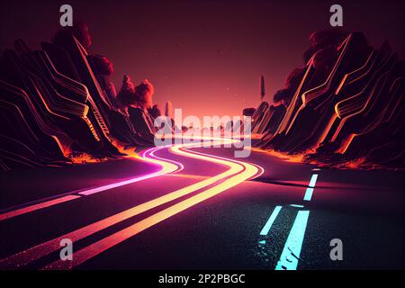Road design neon glow moving forward. High speed road in night time abstraction. City road car light trails motion background.