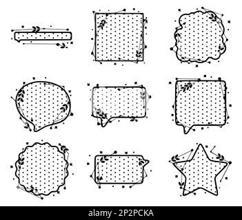 Geometric frames and speech bubbles with leaves made from lines and dots in hand drawn style. Vector set of shapes clip art. Stock Vector