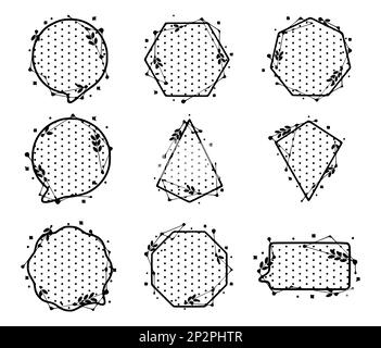 Geometric frames and speech bubbles with leaves made from lines and dots. Vector set of shapes clip art. Stock Vector