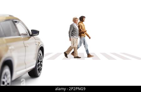 SUV waiting and young african american man helping a senior man crossing a street isolated on white background Stock Photo