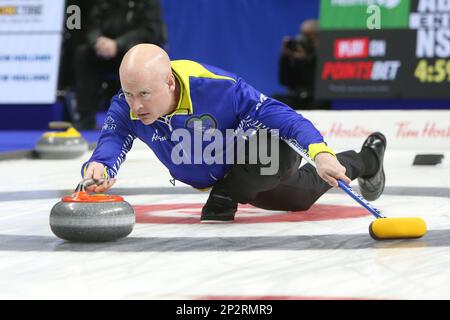 London, Canada. 04th Mar, 2023. London Ontario Canada, March 3 2023. Day 2 of the Tim Hortons Brier is on the way. Kevin Koe of team Alberta. Credit: Luke Durda/Alamy Live News Stock Photo