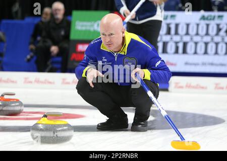 London, Canada. 04th Mar, 2023. London Ontario Canada, March 3 2023. Day 2 of the Tim Hortons Brier is on the way. Kevin Koe of team Alberta. Credit: Luke Durda/Alamy Live News Stock Photo