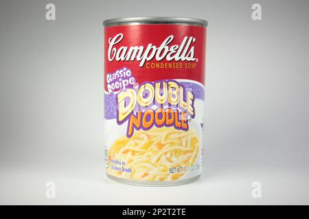 New York, NY - October 7, 2021: Campbell's Double Noodle canned chicken soup isolated on white background Stock Photo