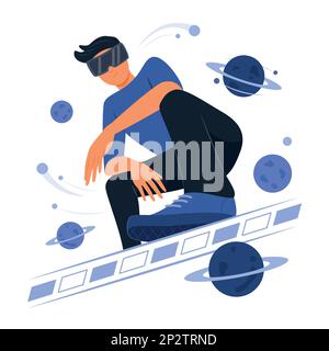 Man Wearing Virtual Reality Headset for Watching Cosmic Simulation Stock Vector