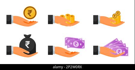 Handing Indian Rupee Money and Coin Set Stock Vector
