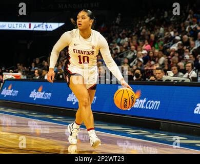 LasVegas, NV, USA. 03rd Mar, 2023. A. Stanford guard Talana Lepolo (10) looks to pass the ball during the NCAA Women's Basketball Pac -12 Tournament Semifinals game between UCLA Bruins and the Stanford Cardinal. UCLA beat Stanford 69-65 at Mandalay Bay Michelob Arena Las Vegas, NV. Thurman James /CSM/Alamy Live News Stock Photo