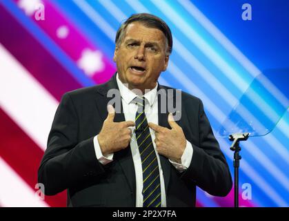 Oxon Hill, United States. 04th Mar, 2023. Jair Bolsonaro, 38th President of Brazil, at the 2023 Conservative Political Action Conference (CPAC) in National Harbor, Maryland, U.S., on Saturday, March 4, 2023. Credit: Ron Sachs /CNP/Sipa USA Credit: Sipa USA/Alamy Live News Stock Photo