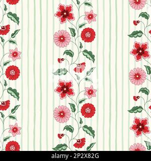 Indian Chintz Flowers and Vertical Stripes Vector Seamless Pattern Stock Vector