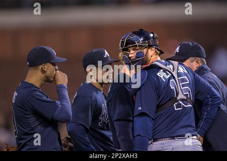 Atlanta Braves catcher A.J. Pierzynski (15) flips his bat ager