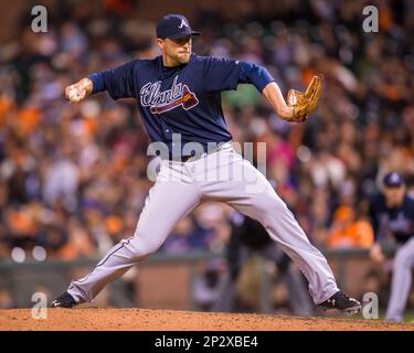 May 29, 2015: Atlanta Braves catcher A.J. Pierzynski (15) at bat and  following the trajectory of the ball, during the MLB game between the San  Francisco Giants and the Atlanta Braves at