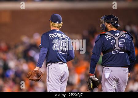 May 29, 2015: Atlanta Braves catcher A.J. Pierzynski (15) at bat and  following the trajectory of the ball, during the MLB game between the San  Francisco Giants and the Atlanta Braves at