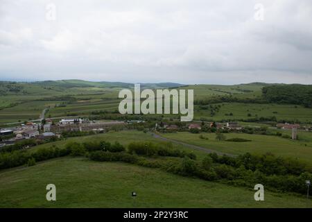 View of the town from inside the Cetatea Rupea (Rupea Fortress or Citadel) in Rupea, Romania Stock Photo