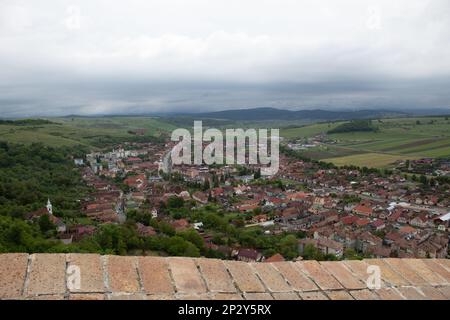 View of the town from inside the Cetatea Rupea (Rupea Fortress or Citadel) in Rupea, Romania Stock Photo